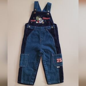 ~Vintage~RARE 90s Peanuts Baby Snoopy Denim Corduroy Bib Overalls 24M Embroidery